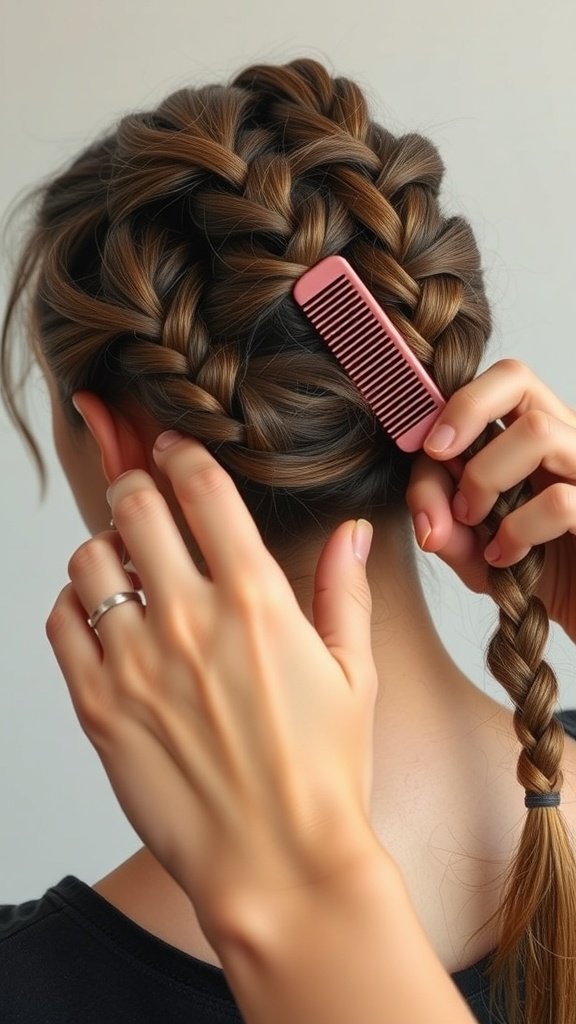 Close-up of a person detangling honey blonde knotless braids with a comb