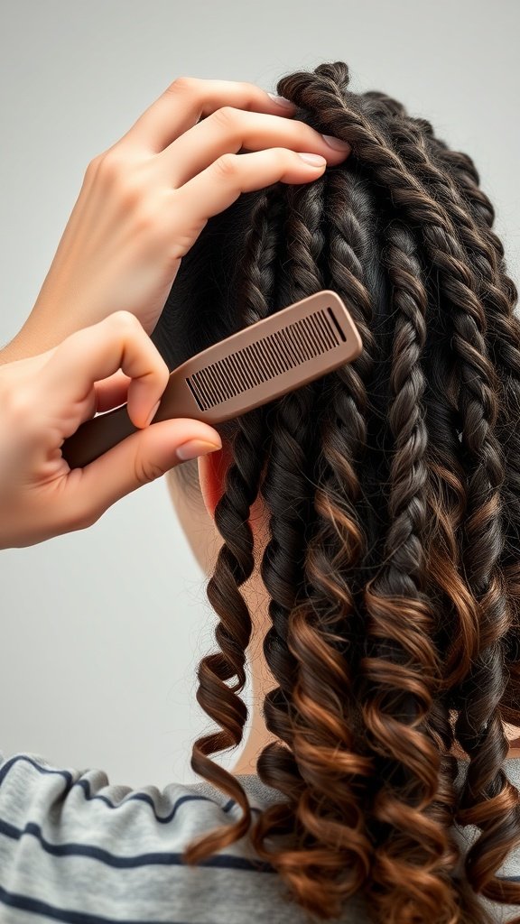 A close-up of a person detangling short knotless braids with curly ends using a comb.