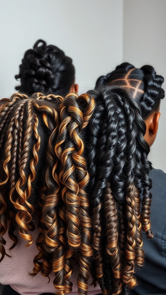 A close-up of two individuals showcasing knotless braids with curls, featuring a mix of black and brown colors.