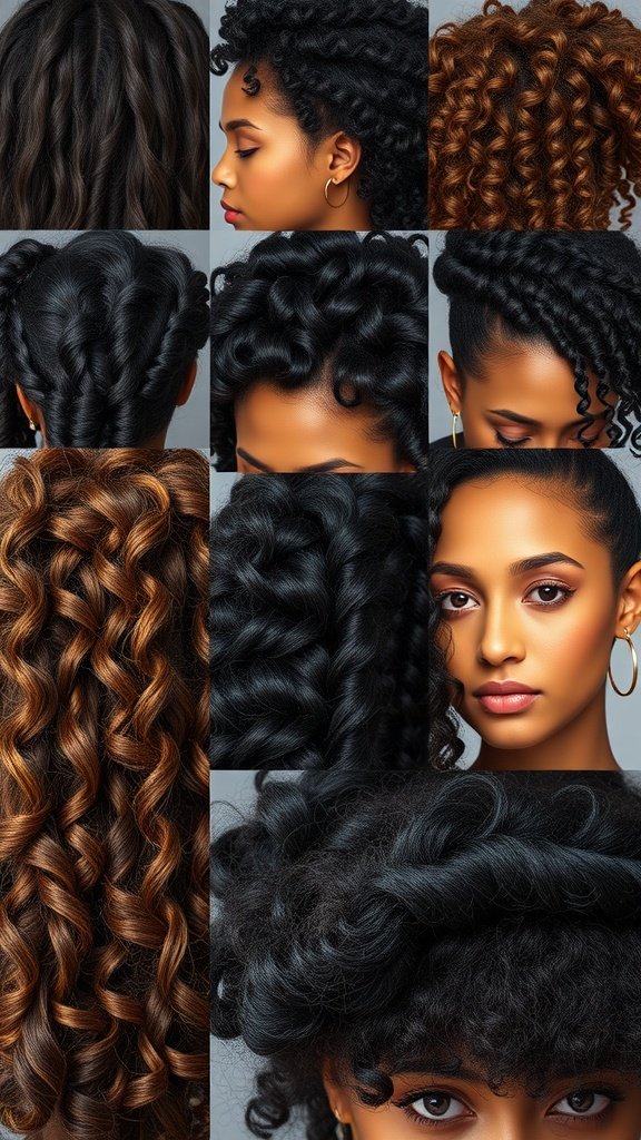 A collage of different curl styles paired with knotless braids, showcasing various textures and colors.