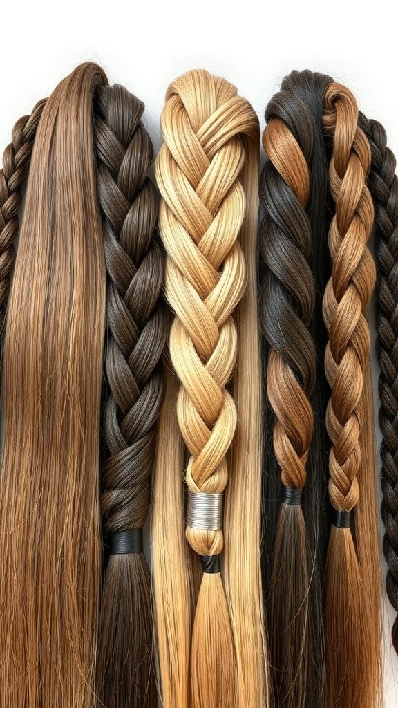 Different shades of brown hair braids displayed in a row