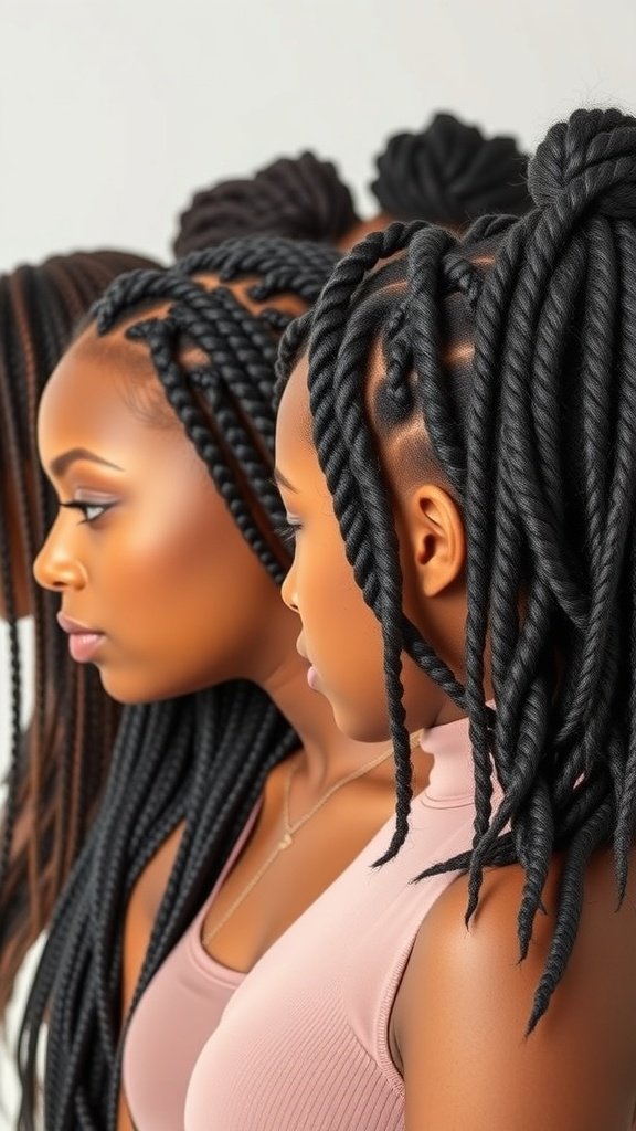 Different sizes of knotless braids showcasing large, medium, and small styles.