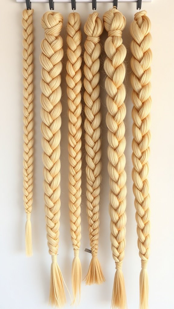 Different sizes of blonde knotless braids displayed on a rack
