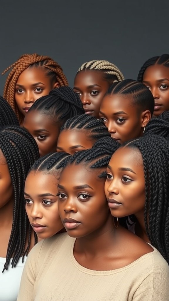 A group of women showcasing diverse hair textures with various styles of knotless braids.