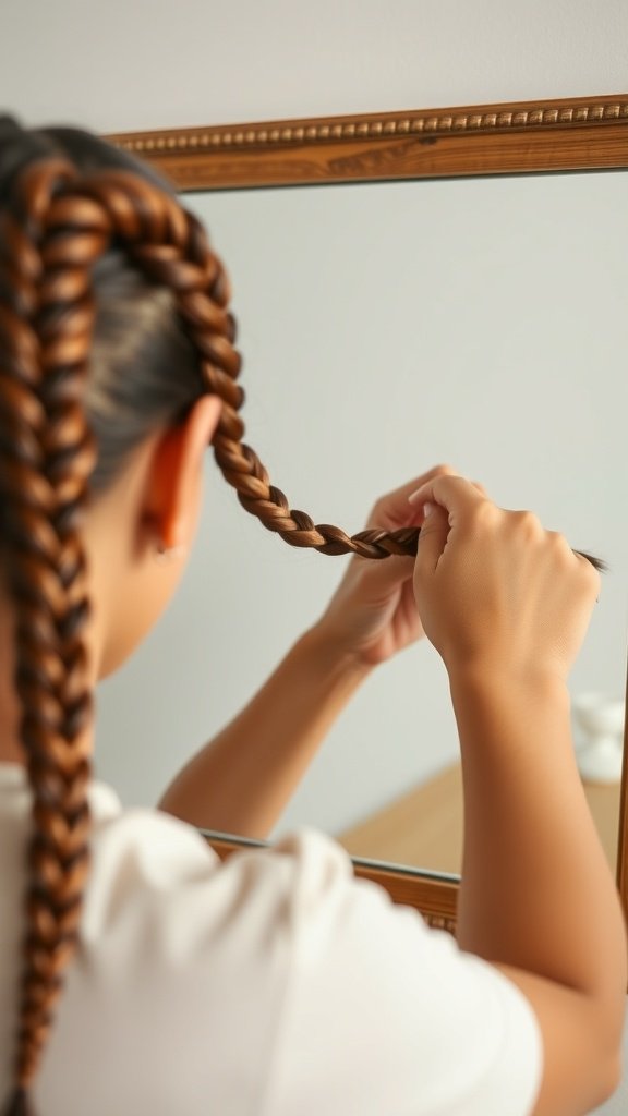 A person creating honey blonde knotless braids in front of a mirror.