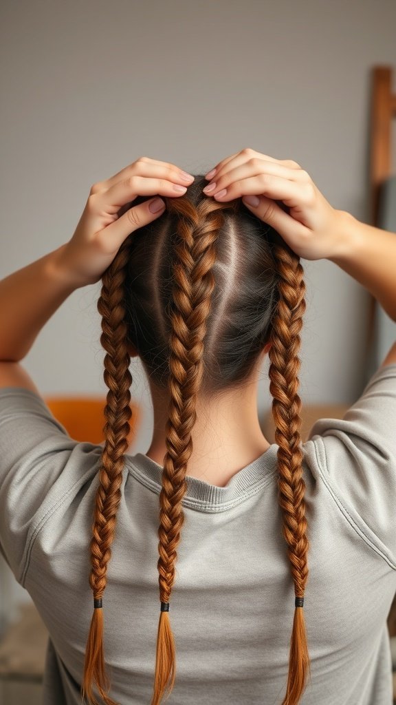 A person with honey brown knotless braids styled neatly, showcasing the back of their head.