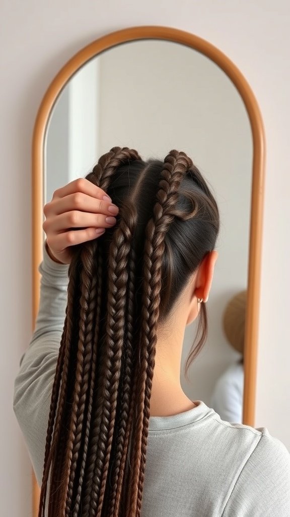 A person showing off their Jumbo Boho Knotless Braids in front of a mirror.