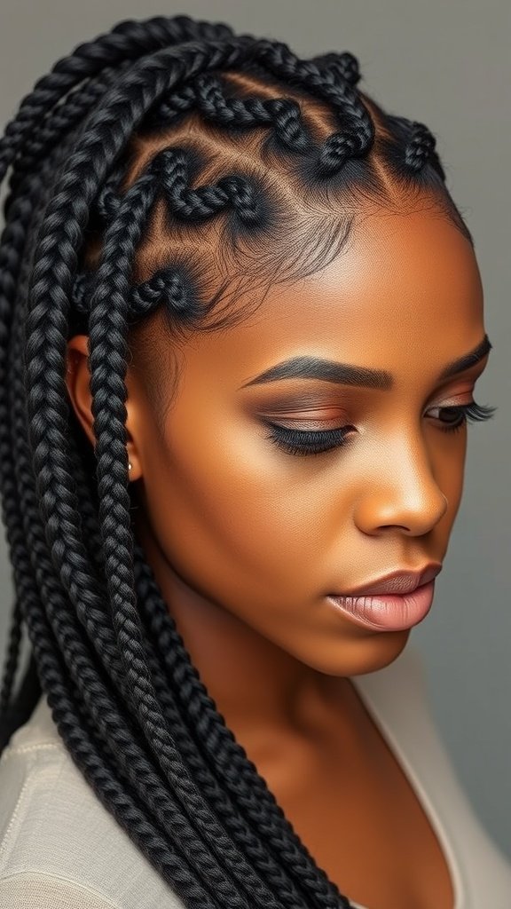 A close-up of a person with jumbo knotless box braids, showcasing the neatness and style of the braids.