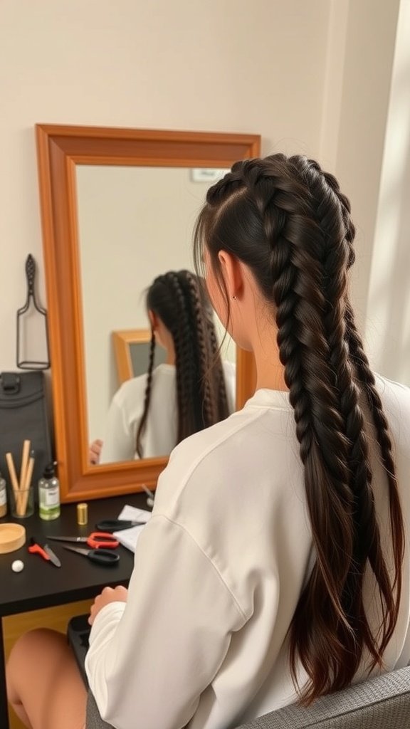 A person with braided hair sitting in front of a mirror, preparing for a hairstyle.