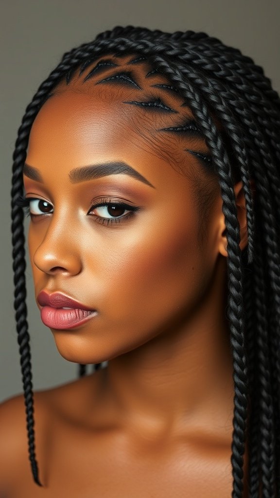 A close-up of a model showcasing large knotless box braids, highlighting their sleek and stylish appearance.