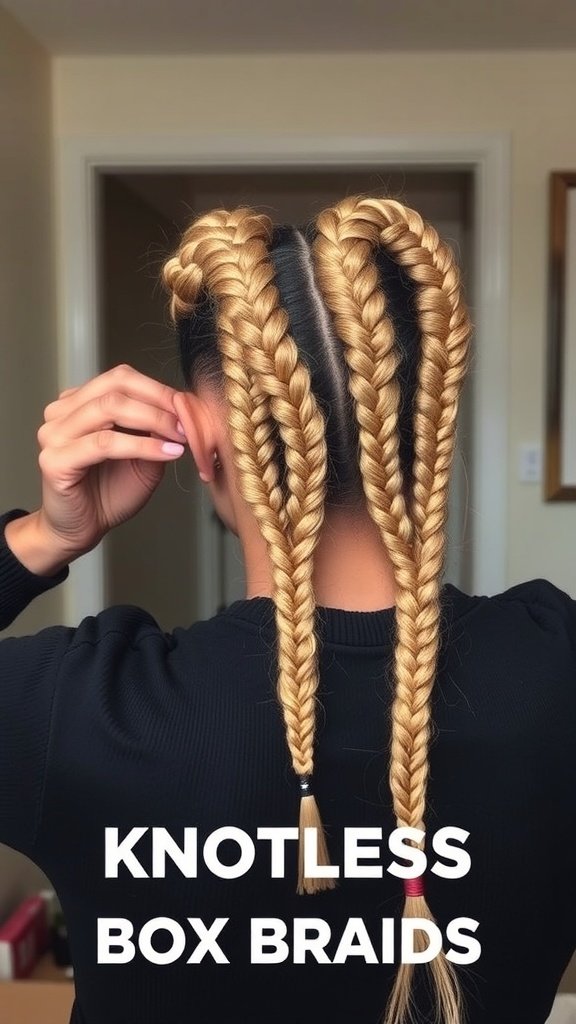 A person showing off their blonde knotless box braids from the back, with braids styled in a neat and trendy way.