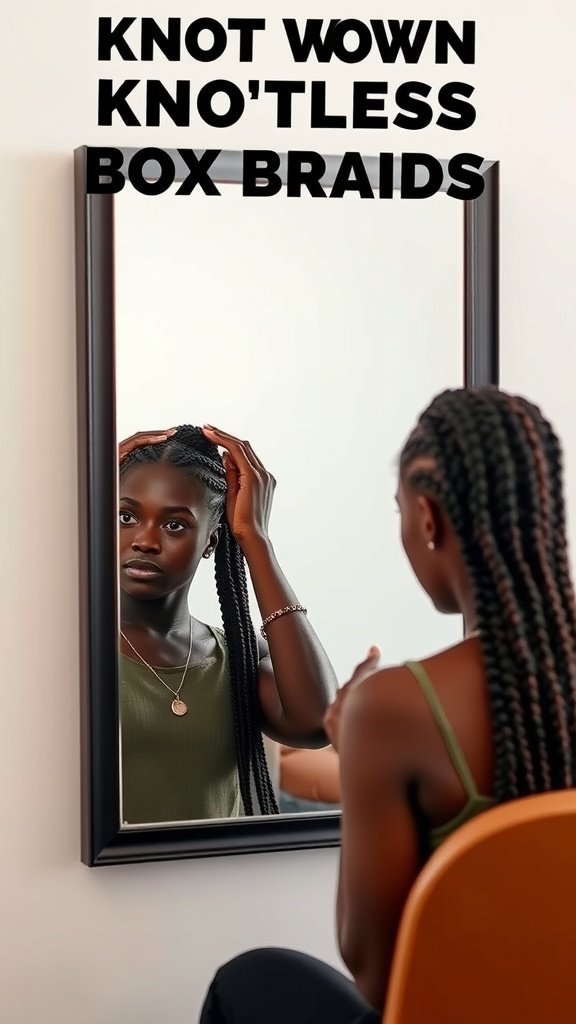 A young woman looking at her knotless box braids in a mirror
