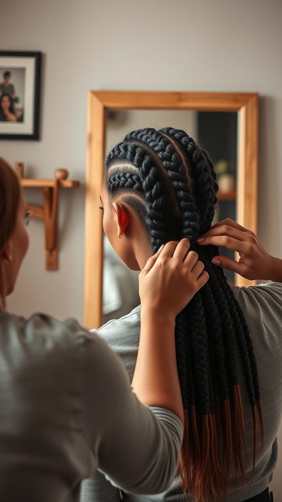 A person braiding another's hair into small knotless box braids in front of a mirror.