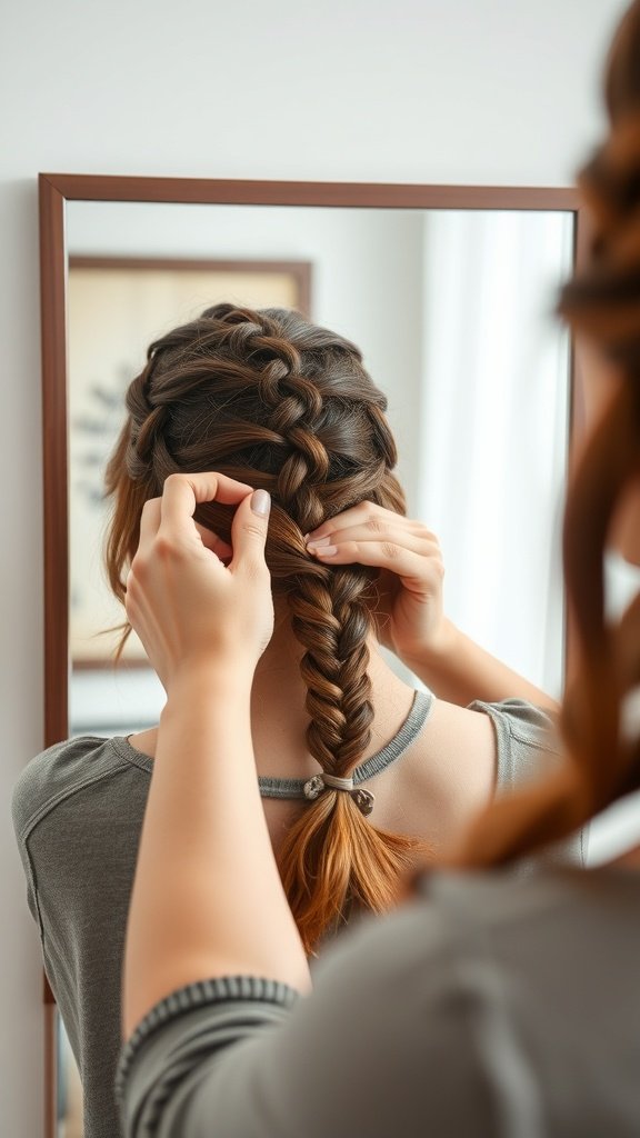 A person braiding their hair in front of a mirror, showcasing the process of creating small knotless box braids.