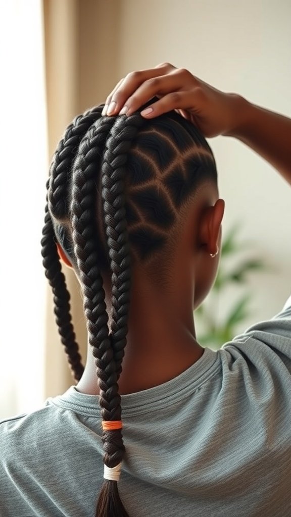 A close-up view of a person's back showing big knotless box braids with a unique parting pattern.