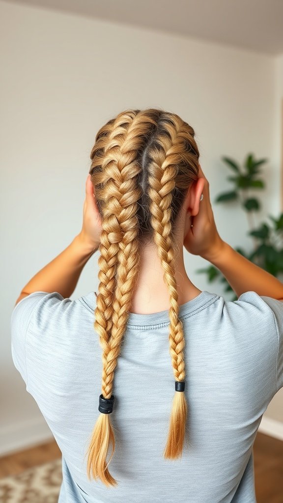 A woman with blonde knotless box braids styled neatly, showing the back of her head.