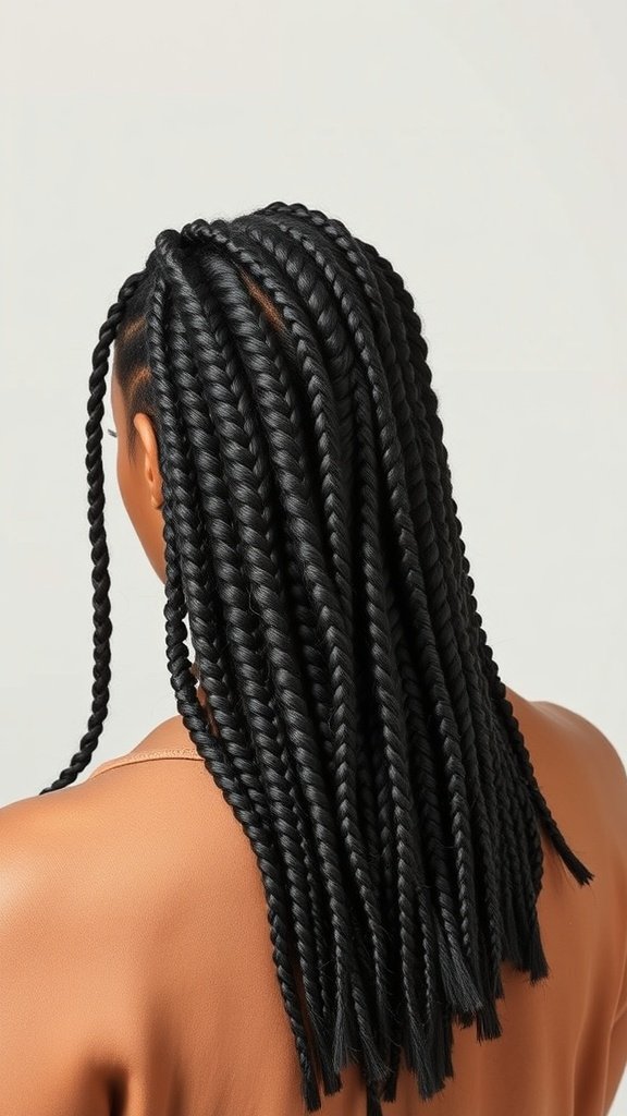 A model showcasing long knotless box braids, highlighting the sleek and elegant style.