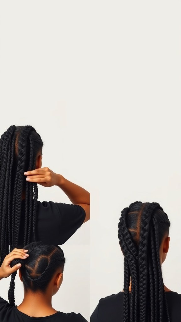 A person showing off small knotless box braids from different angles, highlighting neat parting and styling.
