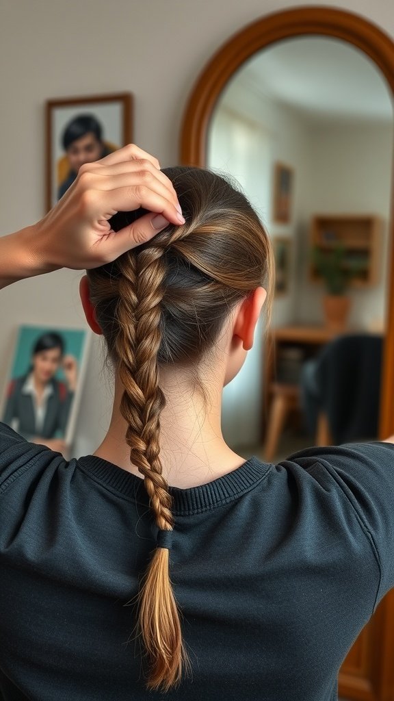 A person preparing to braid their hair in a simple knotless style, showcasing a neat braid.