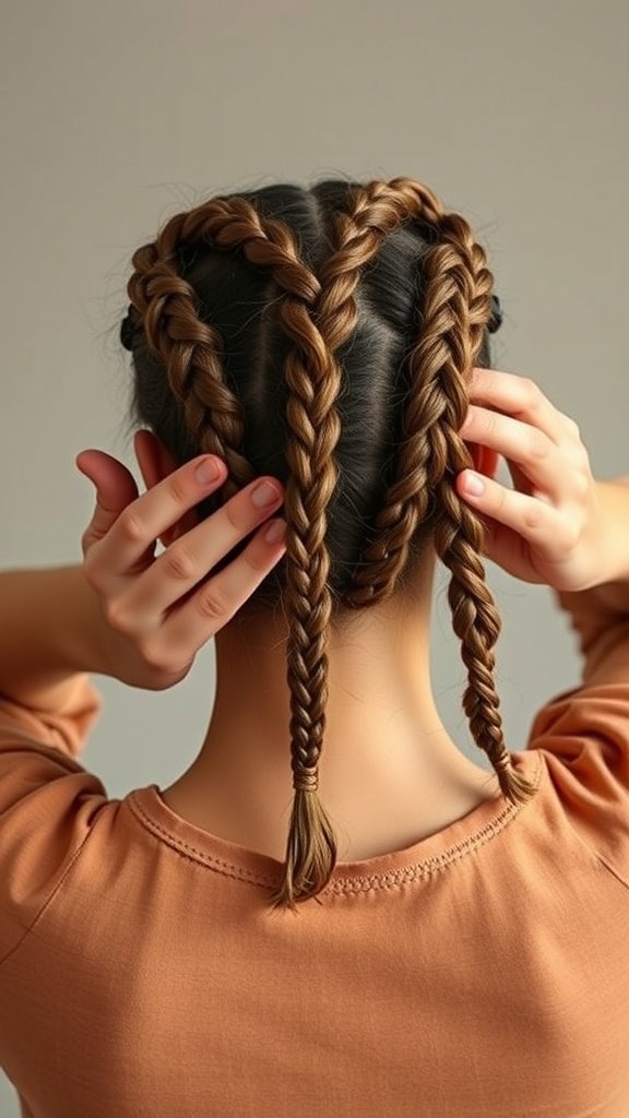 A close-up view of a person with stylish knotless braids, showcasing a neat parting pattern and well-defined braids.