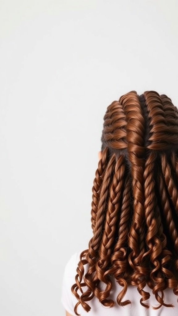 A close-up view of short knotless braids with curly ends, showcasing a stylish and protective hairstyle.