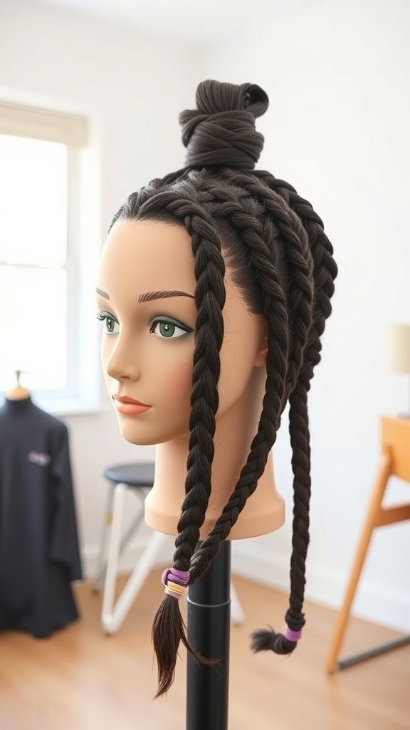 A mannequin displaying stylish knotless braids with a bun on top.