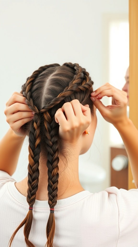 A person styling their hair into knotless braids, showcasing a neat and organized process.