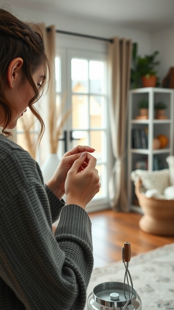 A person preparing to braid hair, showcasing the process of creating knotless braids at home.