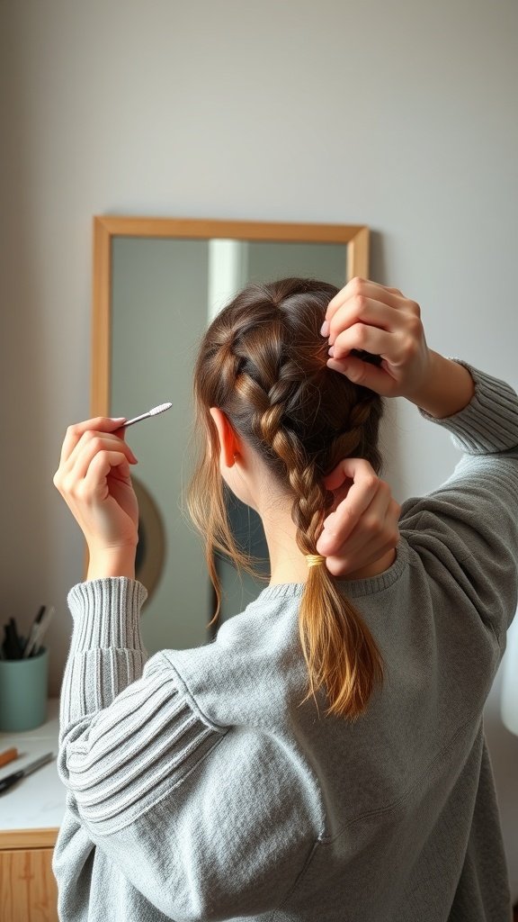 A person creating knotless braids in front of a mirror, showing a close-up of their hands working on the braid.