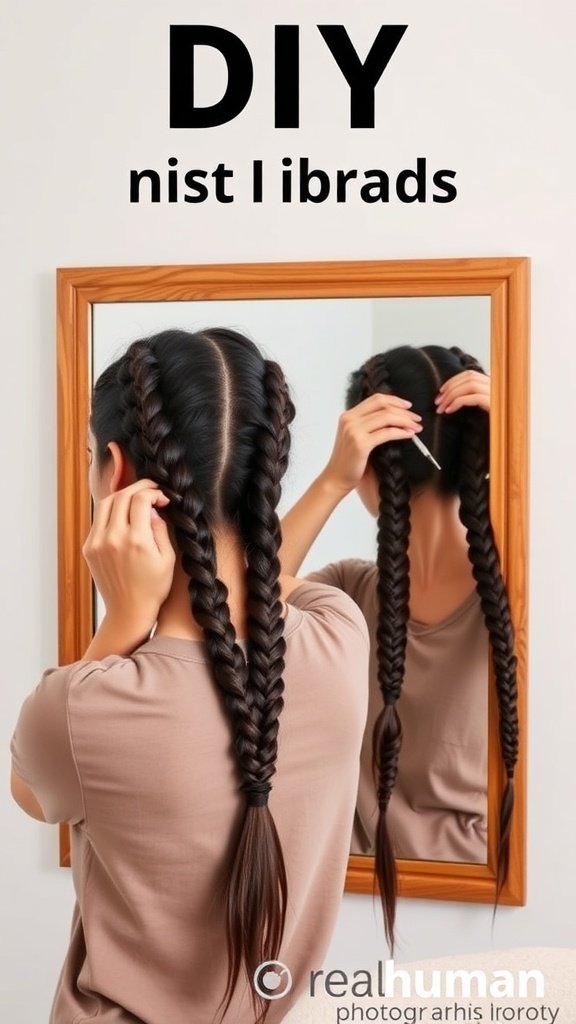 A person doing DIY knotless braids in front of a mirror.