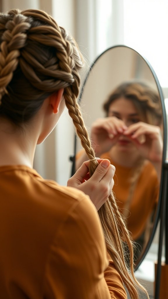 A person styling their hair into braids while looking in a mirror.