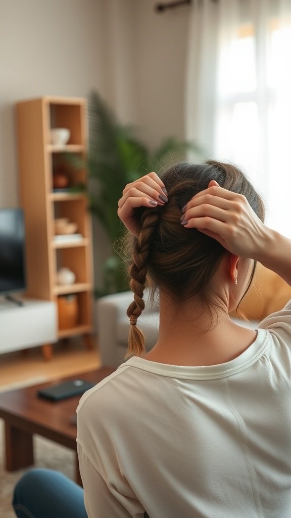 A person working on a braid at home, showcasing the process of creating knotless braids.