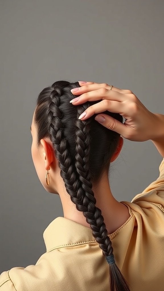 A close-up of a person with neatly styled knotless braids, showing the back of their head.