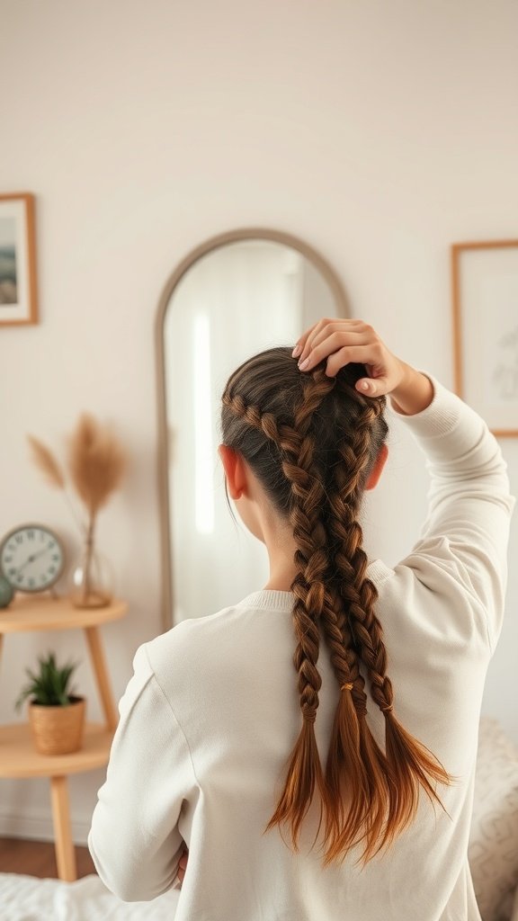 A person showing off their blonde knotless braids in a cozy room.
