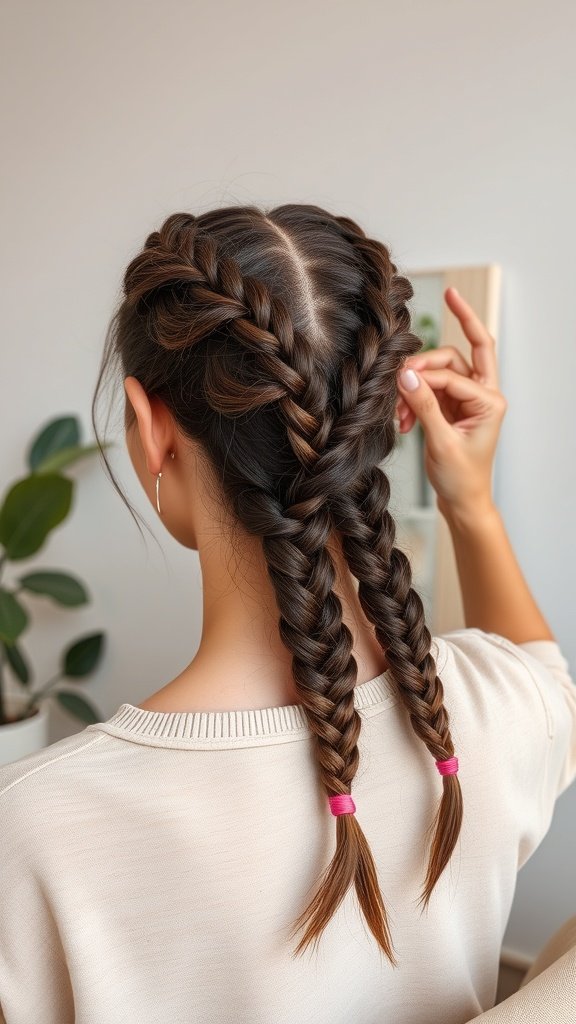 A close-up view of two neat knotless braids styled with pink hair ties.