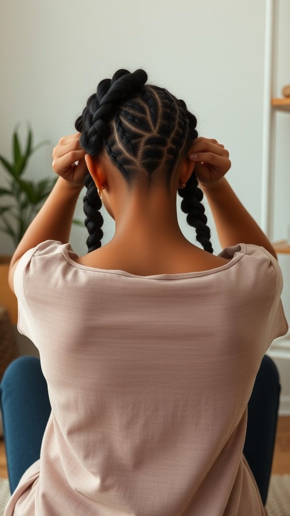 A person preparing for knotless braids, showing neat sections and a stylish approach.