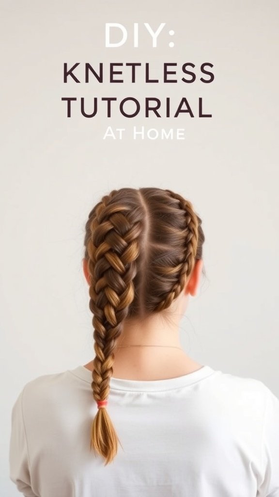 A woman with a stylish knotless braid hairstyle, showcasing a DIY tutorial at home.