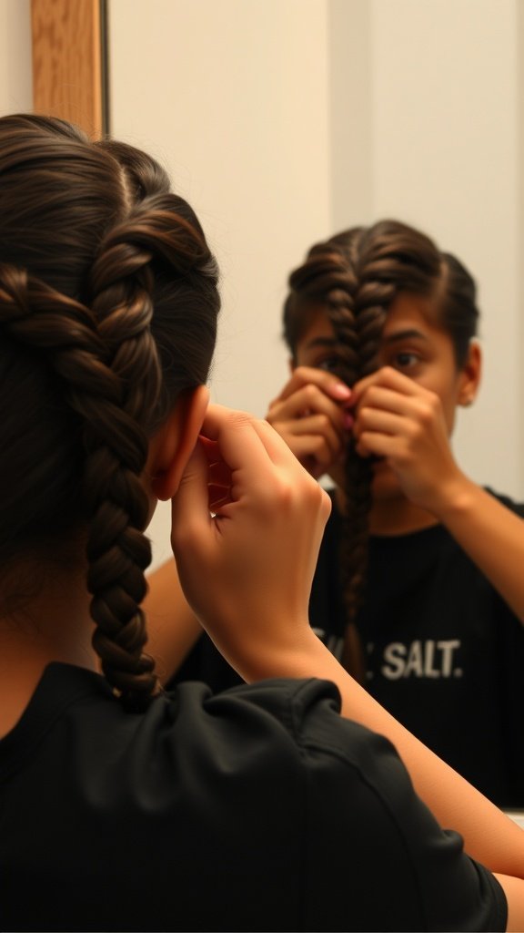 A young person working on their small knotless braids in front of a mirror.