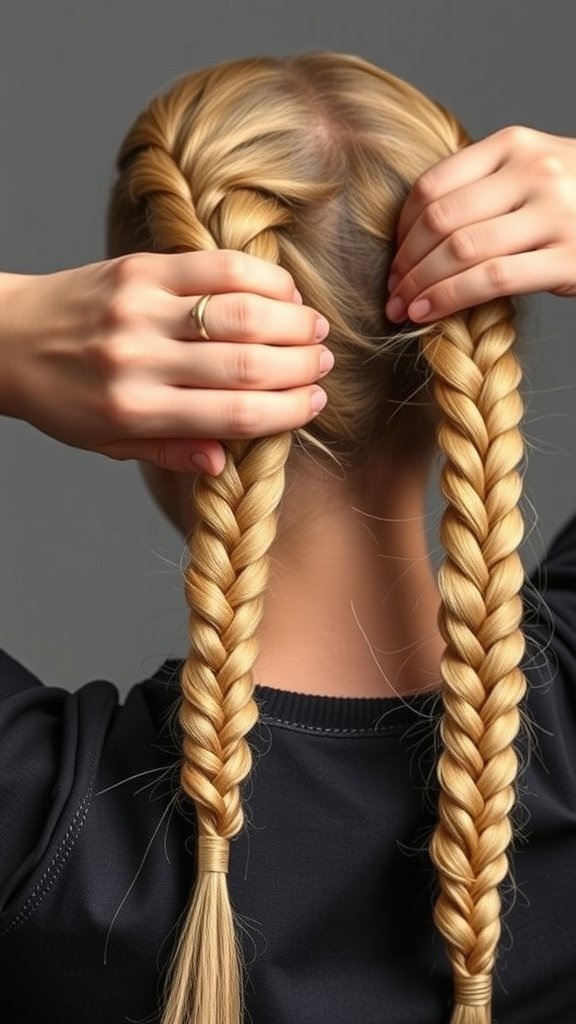 A person preparing to braid their hair into two blonde knotless braids.