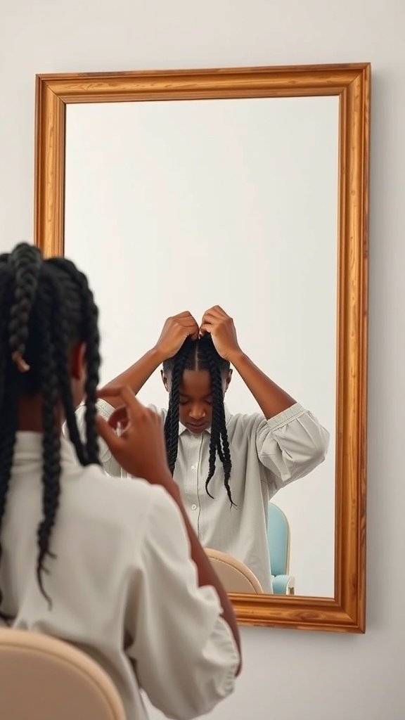 A person styling their hair into knotless braids in front of a mirror.