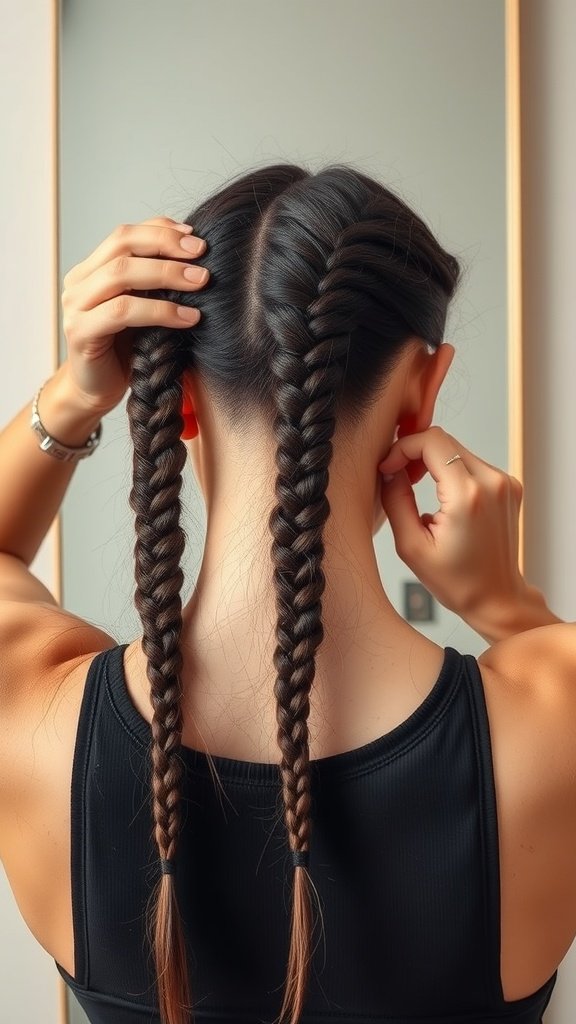 A person with medium boho knotless braids, showcasing a neat hairstyle.