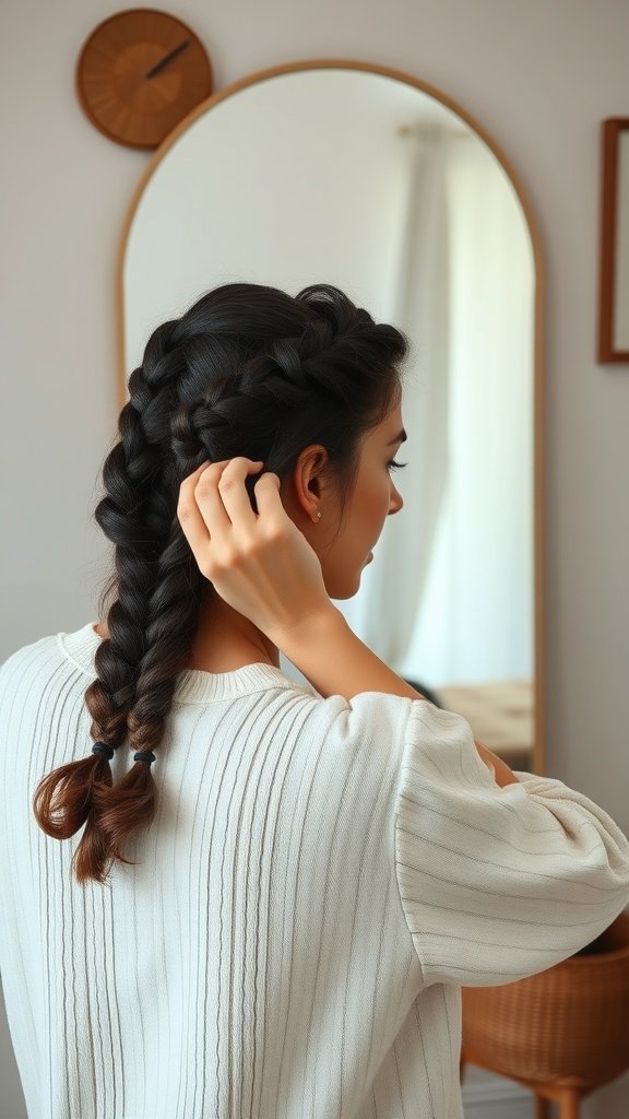 A woman styling her hair into knotless braids in front of a mirror.