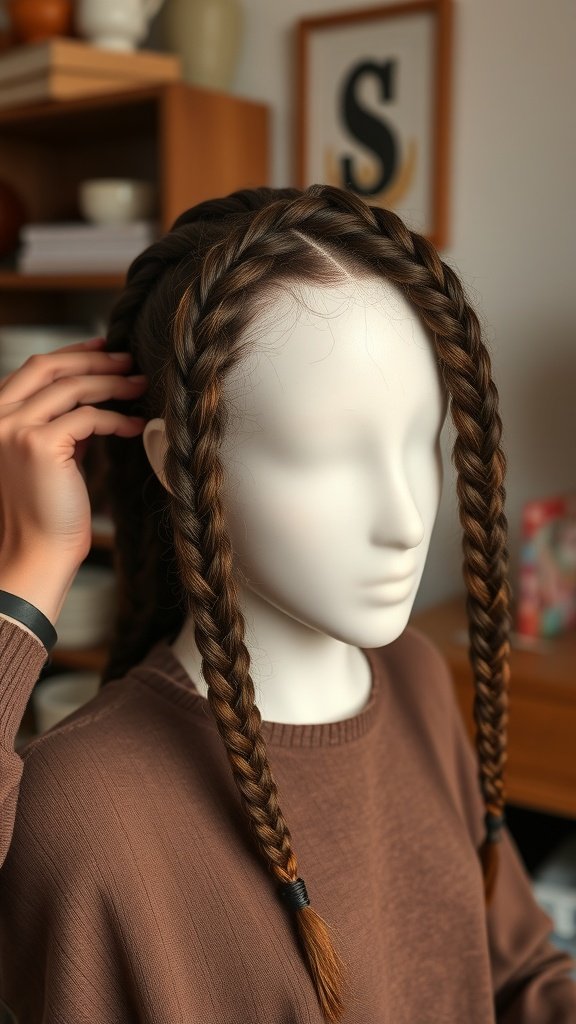 A mannequin with short boho knotless braids being styled.