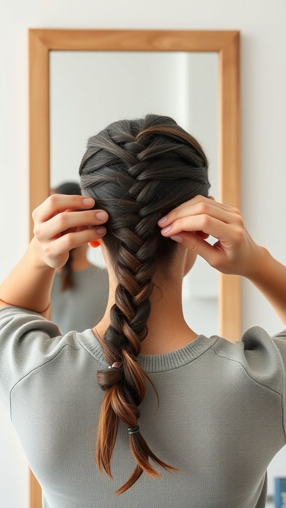 A person creating a braid in front of a mirror, showcasing a neat and stylish hairstyle.