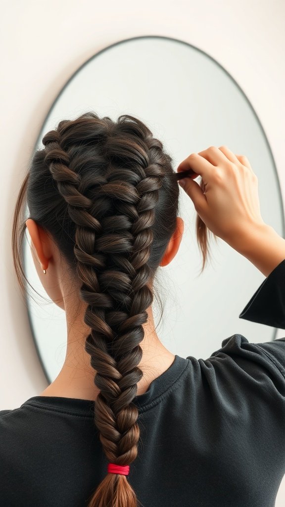 A person creating a knotless braid, showcasing a neat hairstyle in front of a mirror.