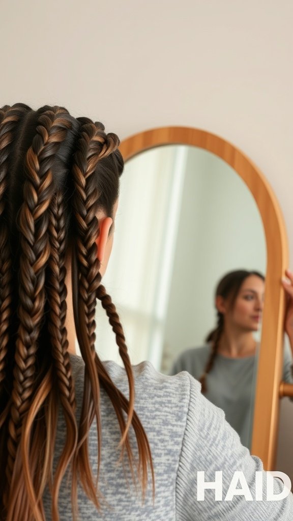 A person with knotless braids and curls looking at their reflection in a mirror.
