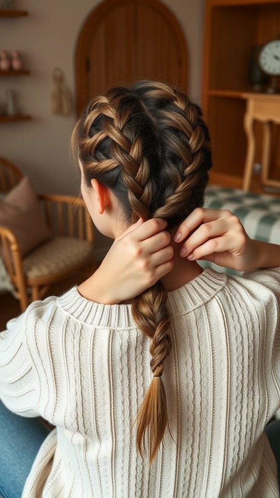 A person with medium knotless braids styled in a casual setting.