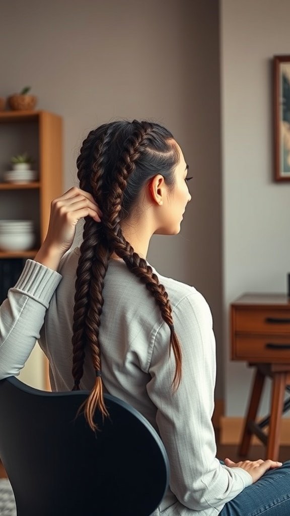 A person working on their hair, showcasing knotless twist braids in a cozy indoor setting.