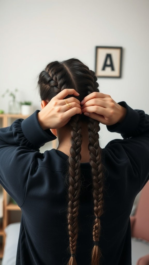 A person preparing to braid their hair into two large knotless braids.