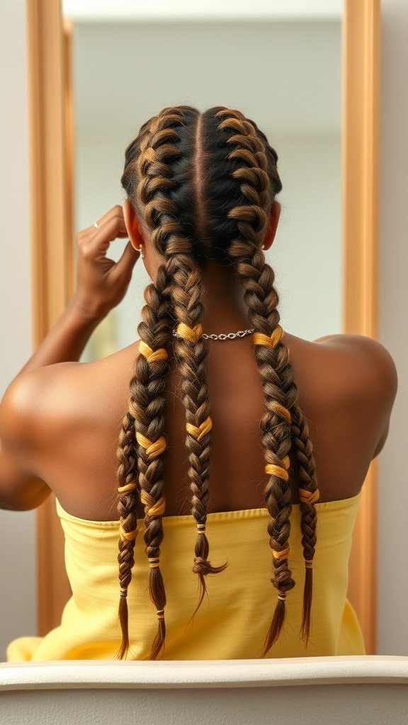 A person with lemonade braids styled with a knotless technique, showcasing intricate patterns and colorful accents.